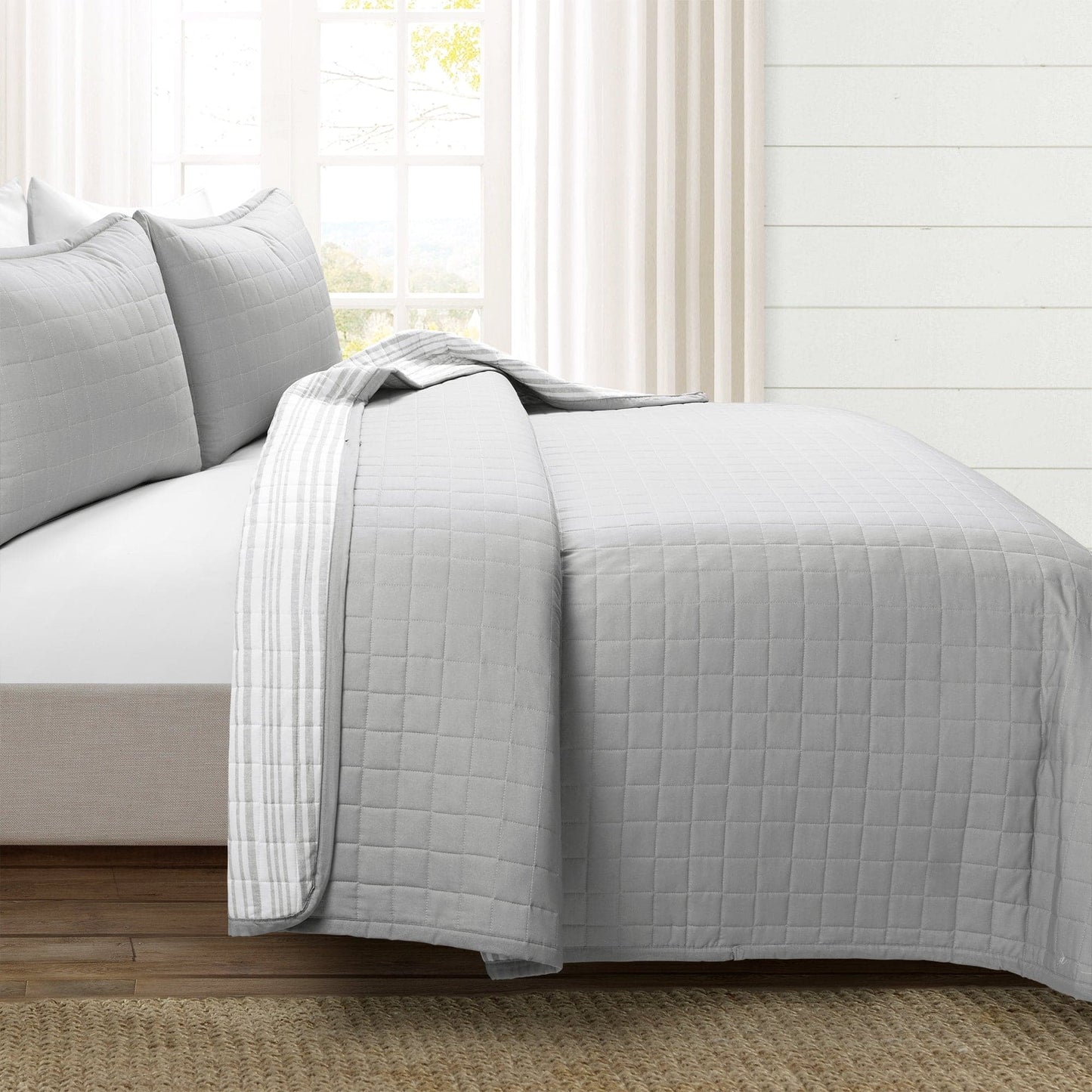 Farmhouse Box Stitch And Stripe Cotton Quilt 3 Piece Set