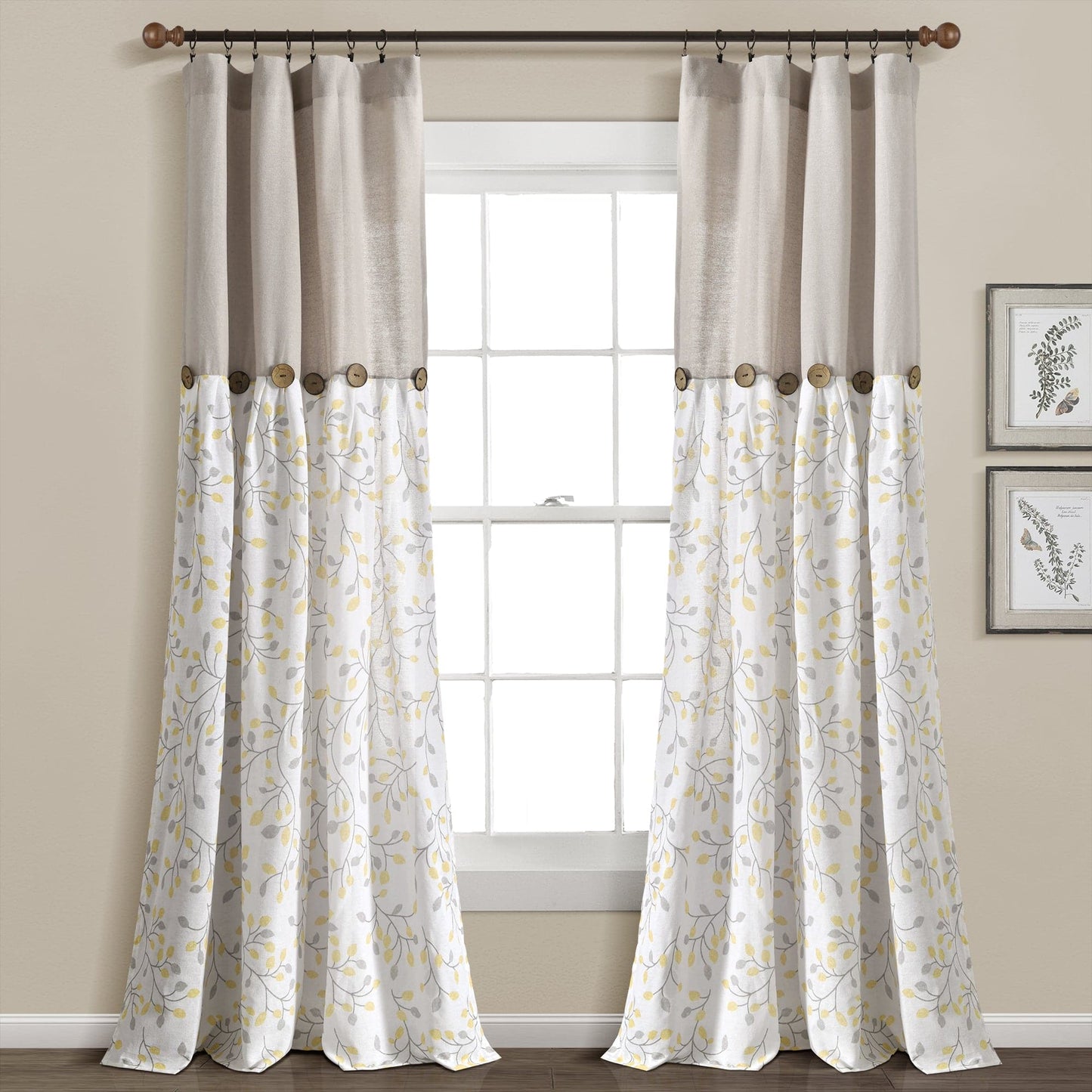 Linen Button Botanical Garden Window Curtain Panel