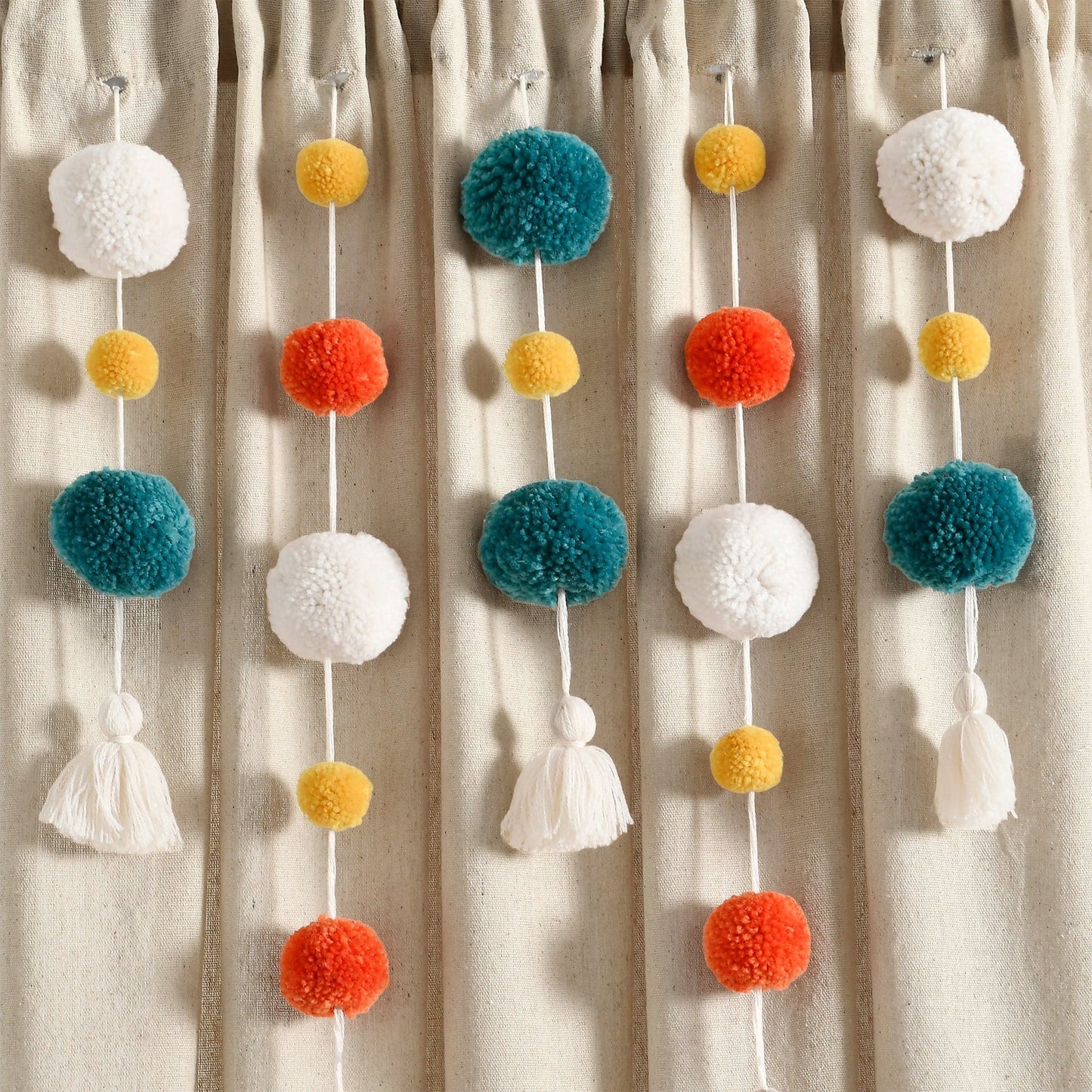 Boho Pom Pom Tassel Faux Linen Window Curtain Panel