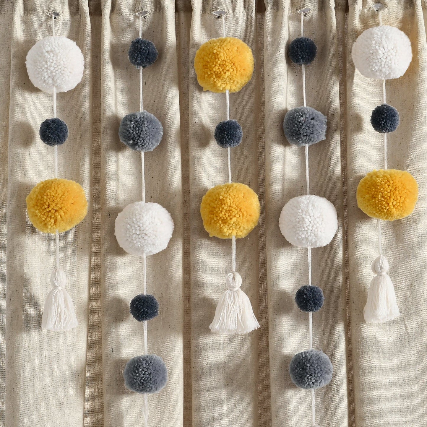 Boho Pom Pom Tassel Faux Linen Window Curtain Panel