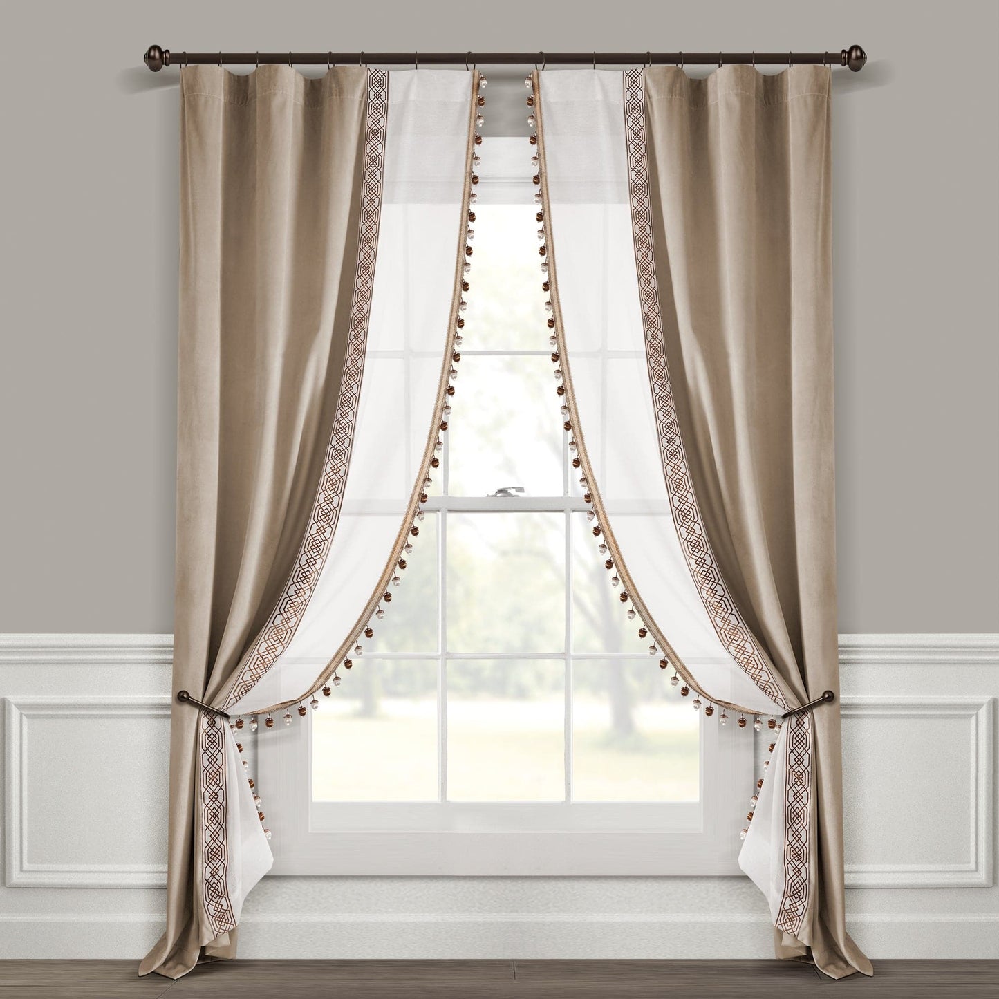 Luxury Vintage Velvet & Sheer With Border Pompom Trim Window Curtain Panel