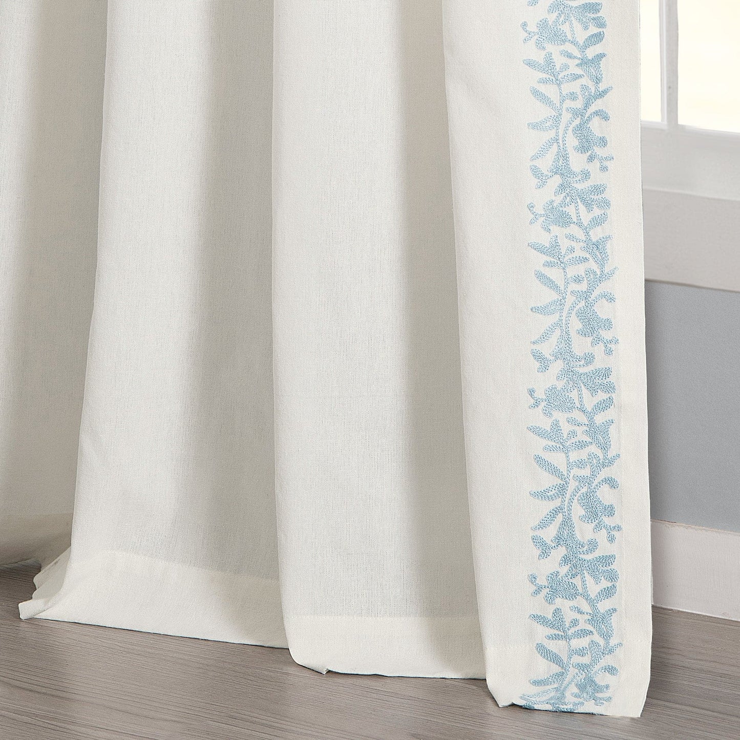 Luxury Modern Flower Linen Like Embroidery Border Window Curtain Panel