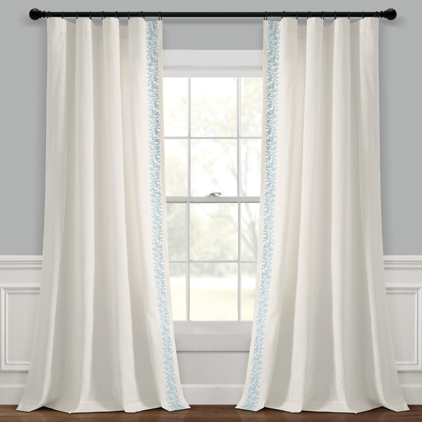 Luxury Modern Flower Linen Like Embroidery Border Window Curtain Panel