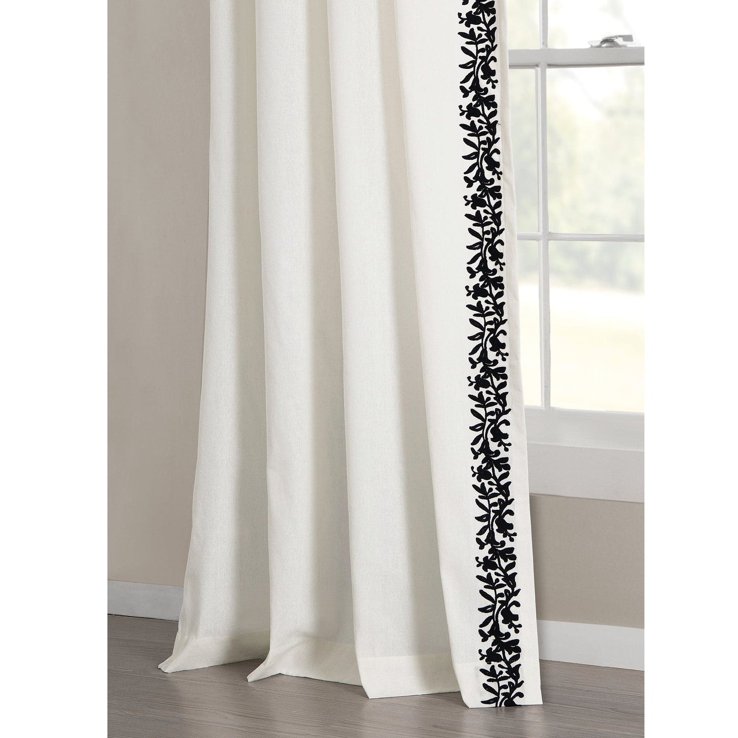 Luxury Modern Flower Linen Like Embroidery Border Window Curtain Panel