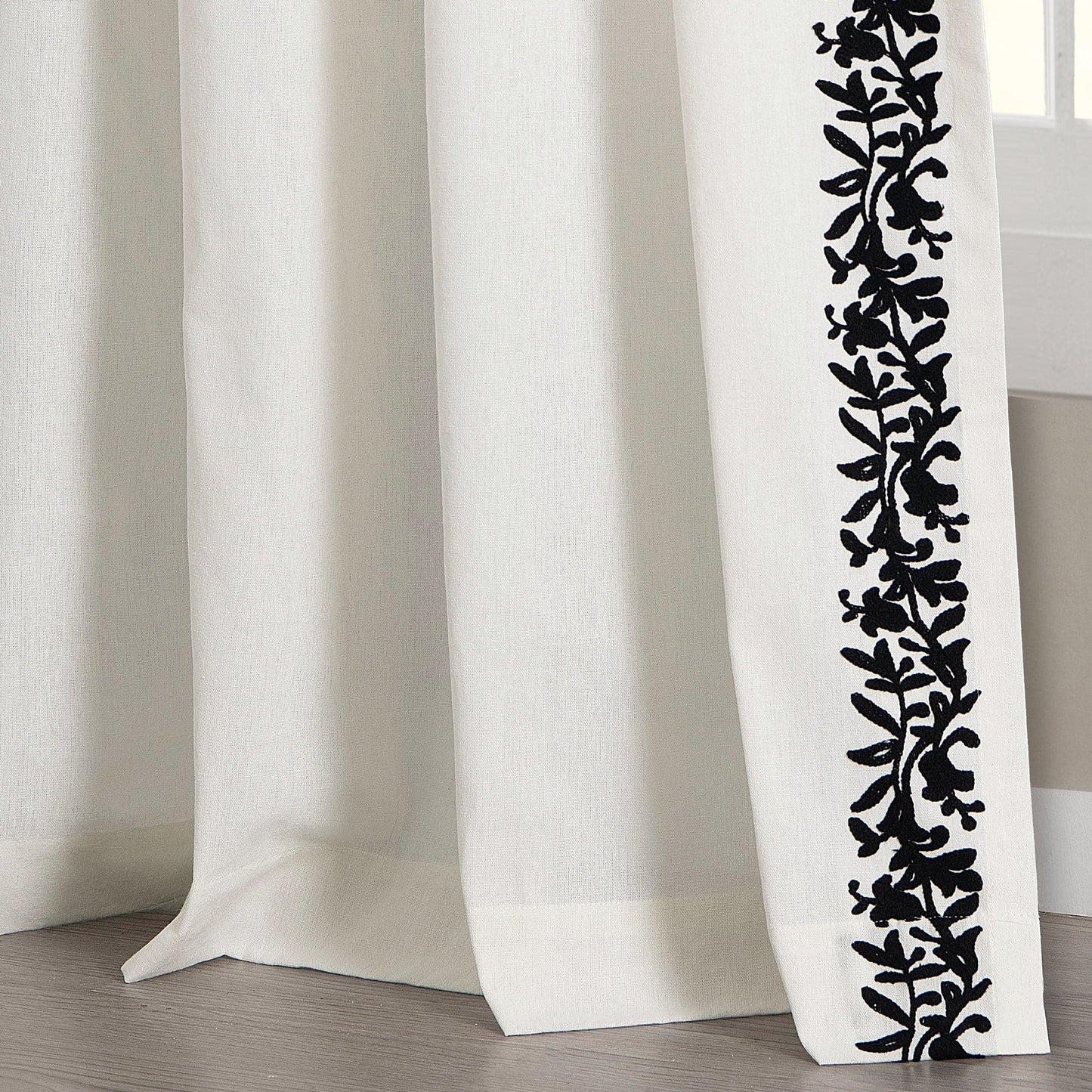 Luxury Modern Flower Linen Like Embroidery Border Window Curtain Panel