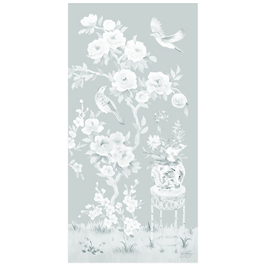 June, a tonal green chinoiserie fine art print on paper with birds and peonies