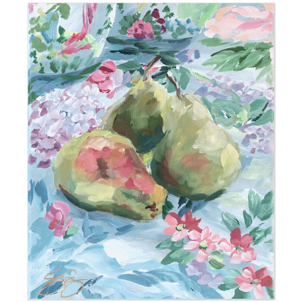 Pears on floral fabric, a fine art print on paper