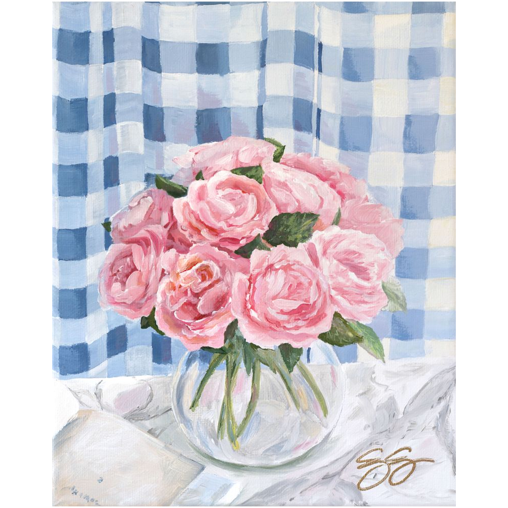 Tea Roses and Gingham, a fine art print on canvas