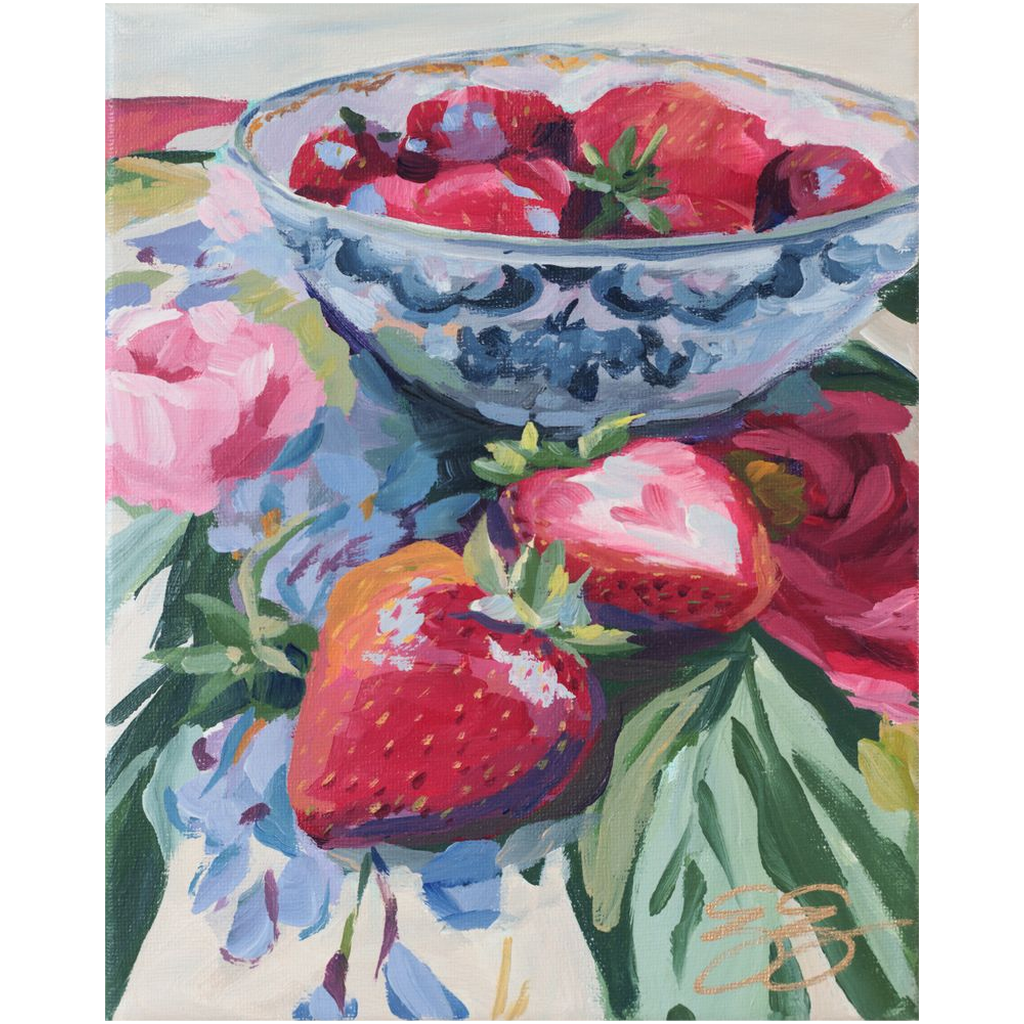 Strawberries on floral fabric, a fine art print on canvas