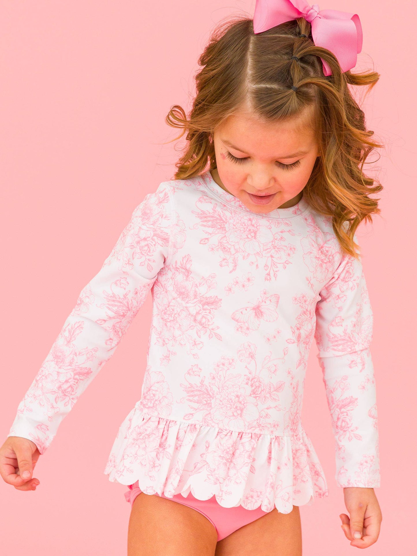 RuffleButts + RuggedButts - Girls Pink Butterfly Garden Toile Long Sleeve Rash Guard 2-Piece