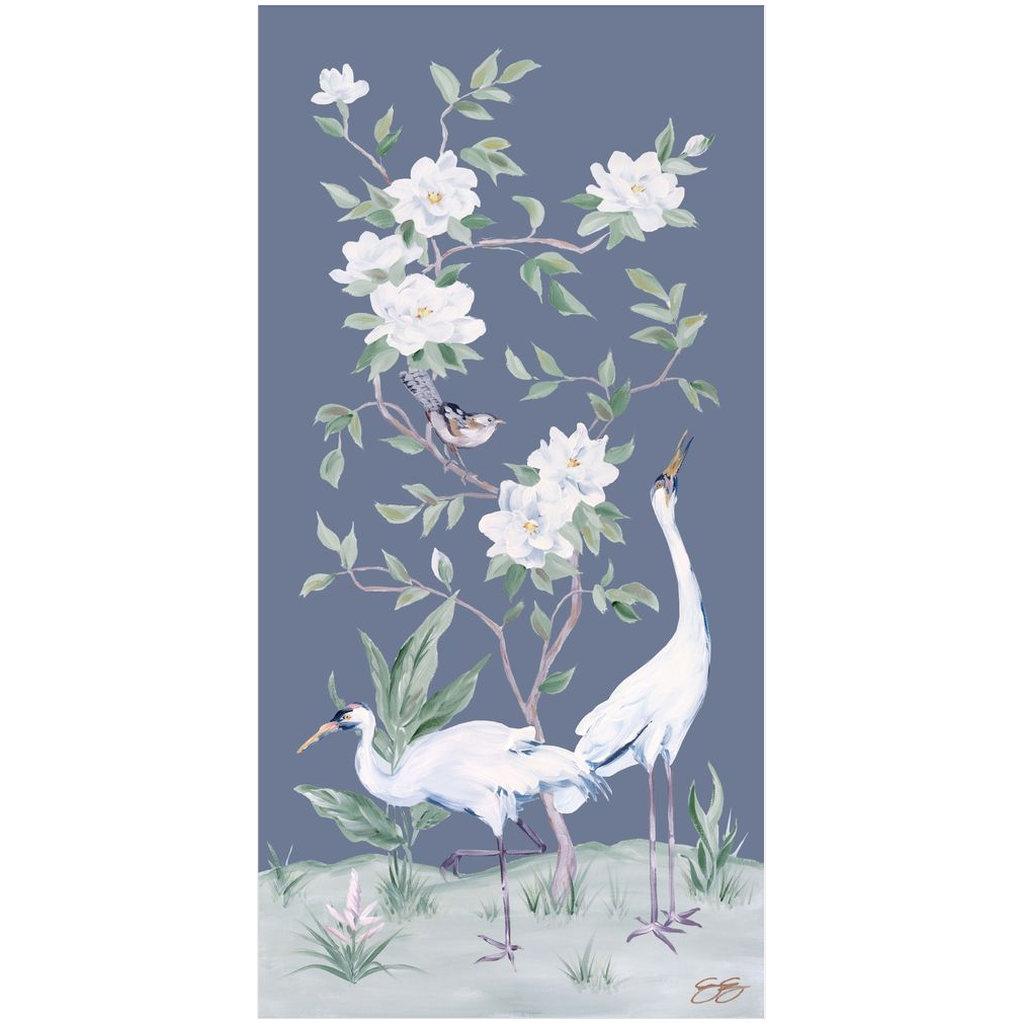 Cranes and Gardenias, a dark blue chinoiserie fine art print