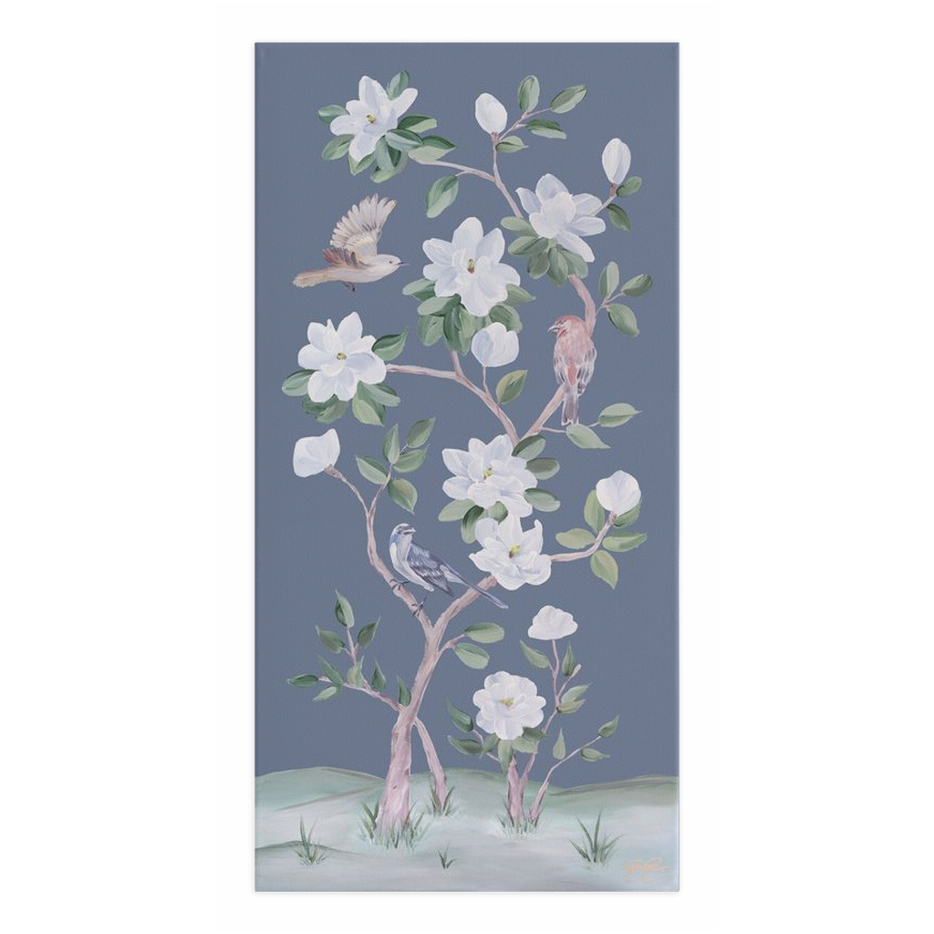 Songbirds and Magnolias, a dark blue chinoiserie canvas wrap