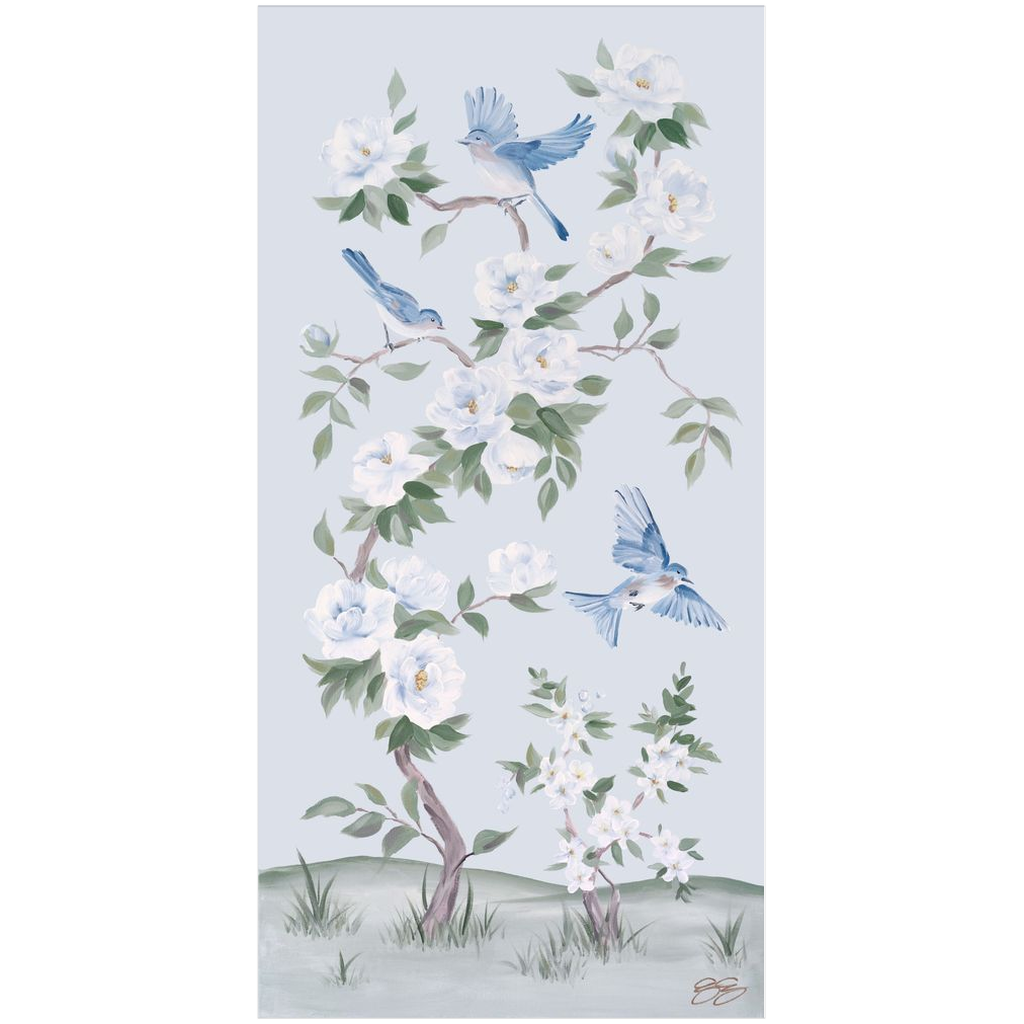 Bluebirds and Peonies, a light blue chinoiserie fine art print