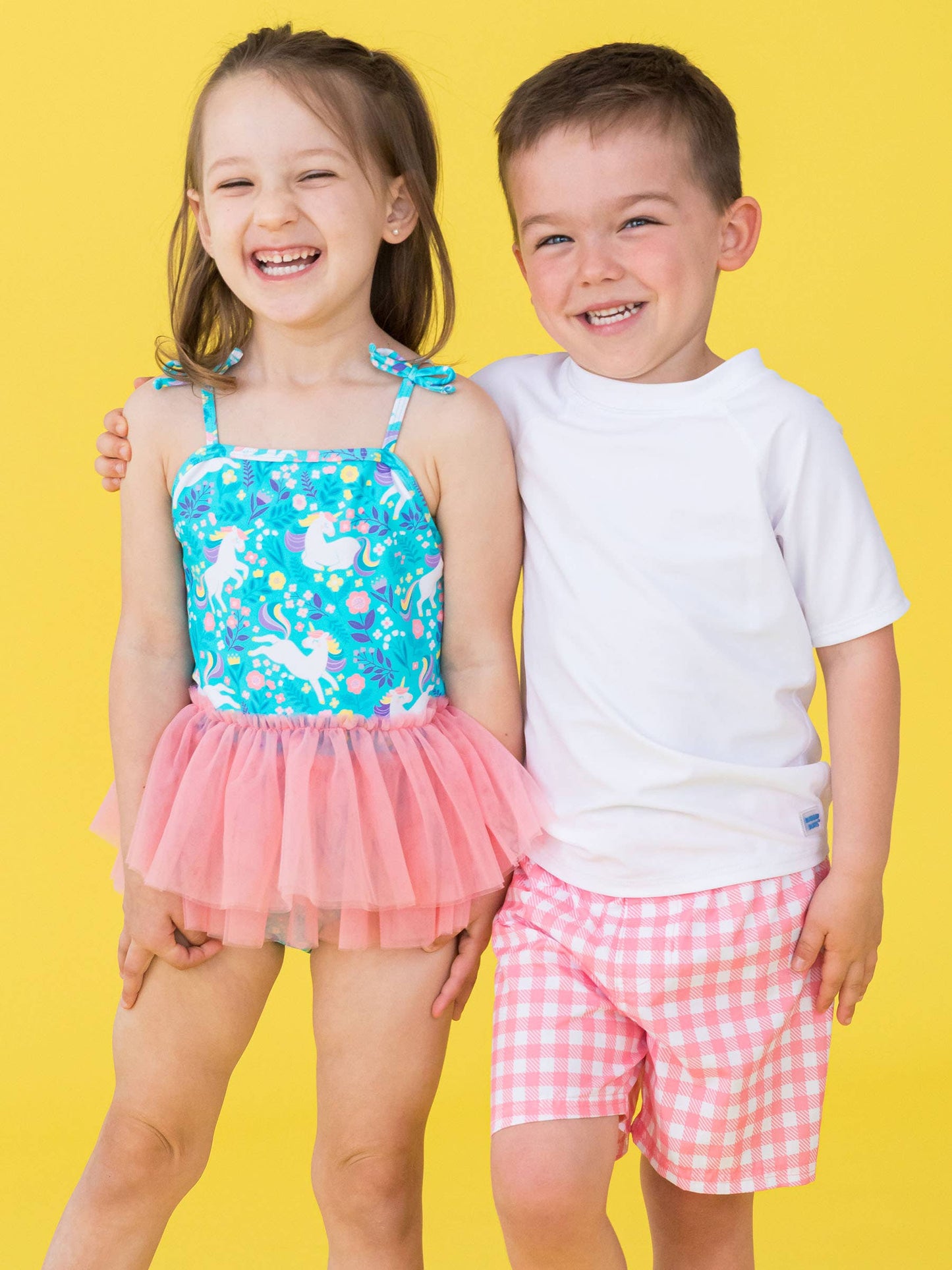 RuffleButts + RuggedButts - Boys Bubblegum Pink Gingham Swim Trunks
