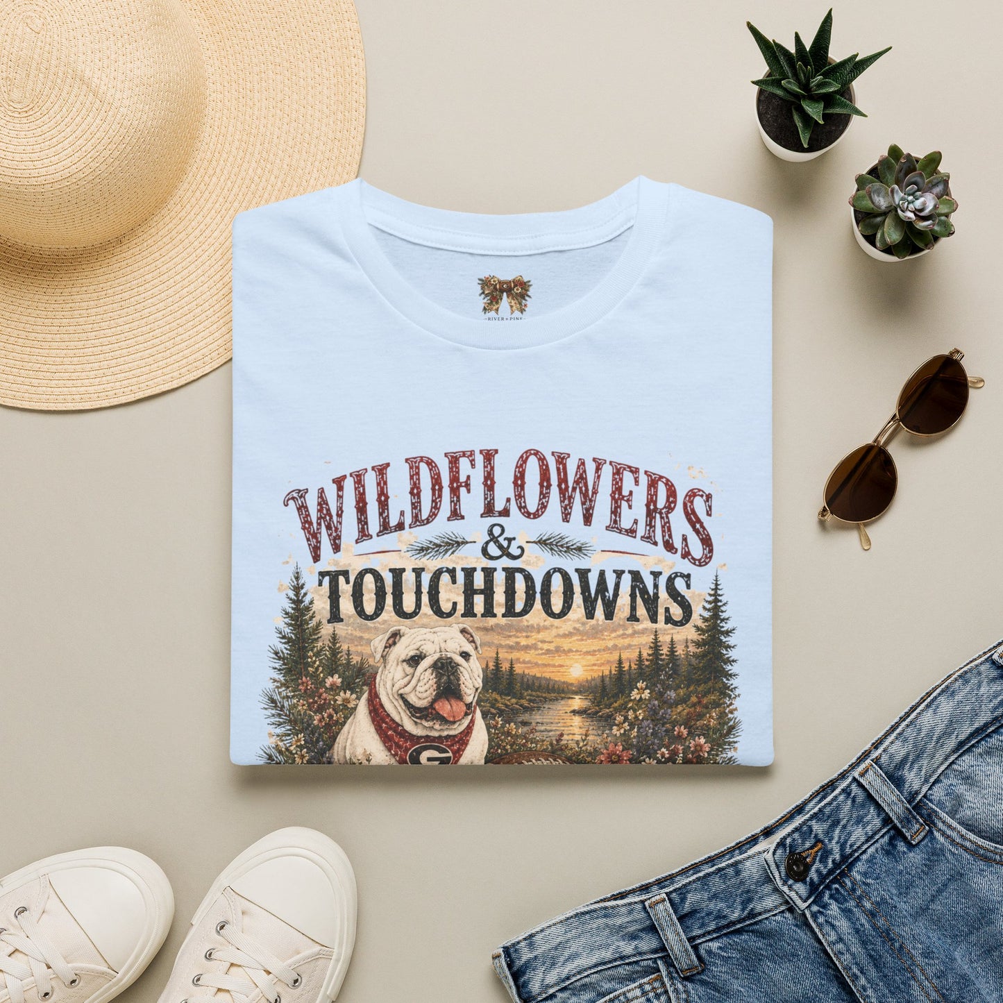 River + Pine -UGA Wildflowers & Touchdowns Womens T-shirt (front graphic only)