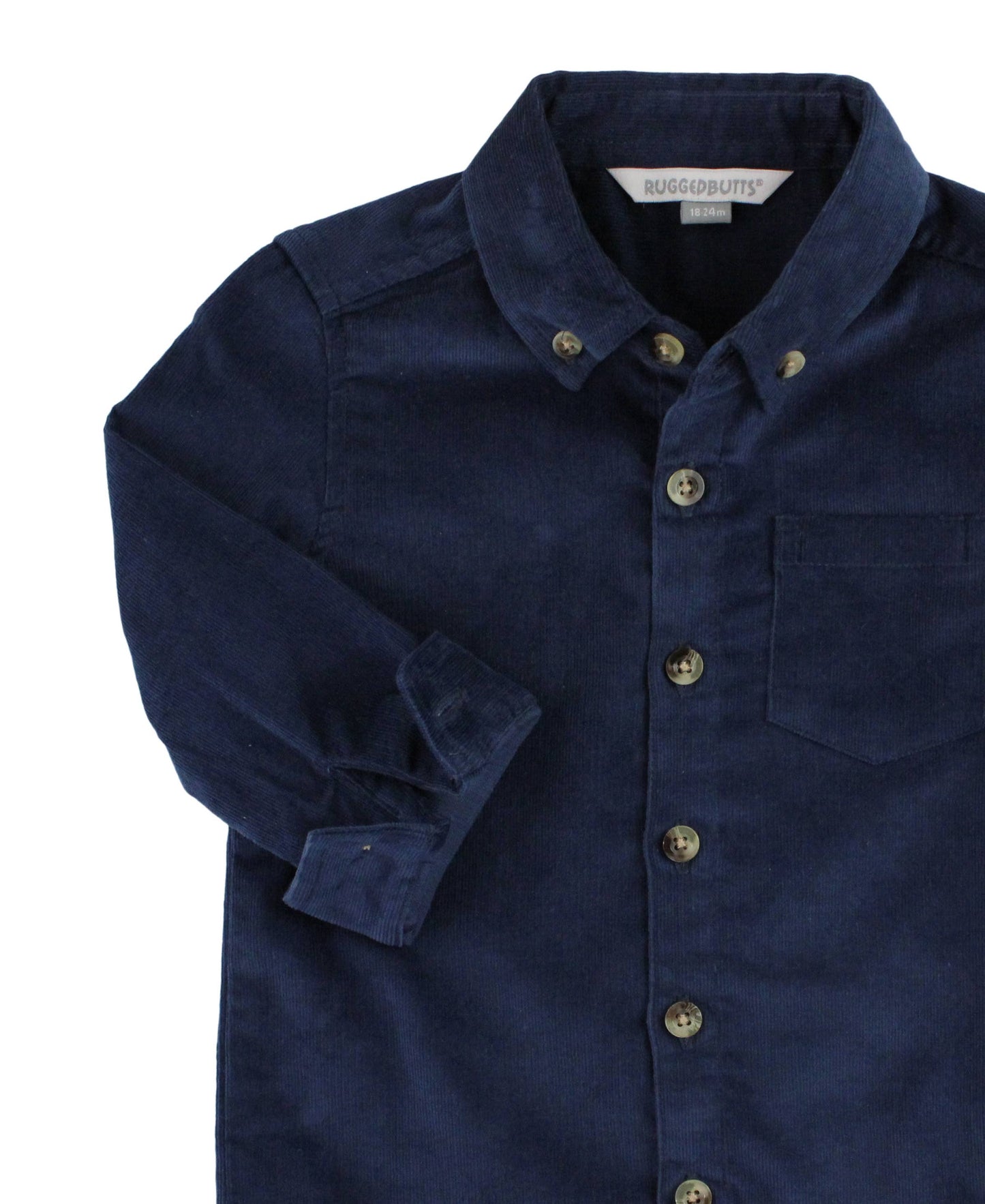 RuffleButts + RuggedButts - Boys Dark Navy Stretch Corduroy Long Sleeve Button Down Shirt