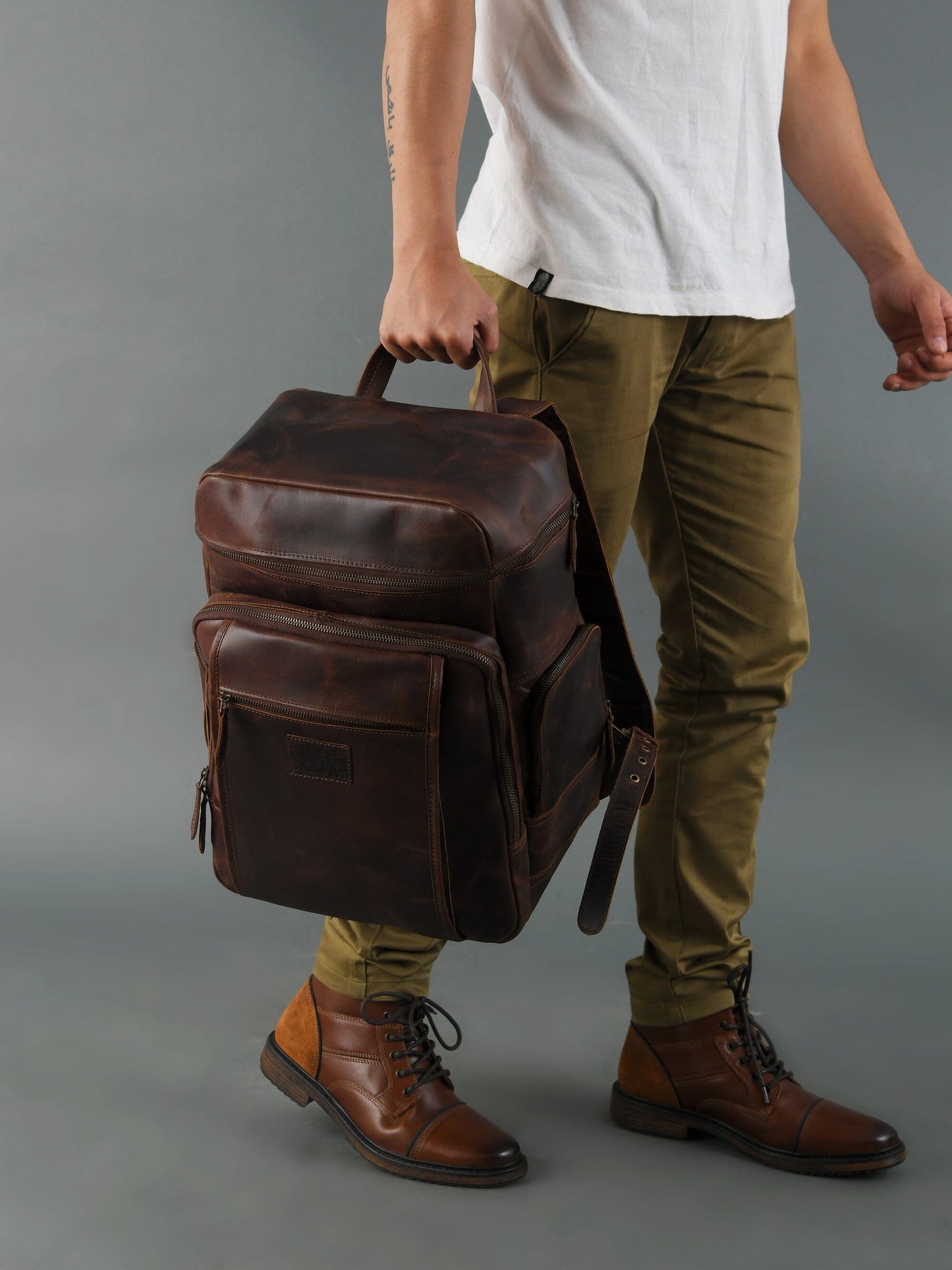 Alpha Brown Buffalo Leather Travel Backpack