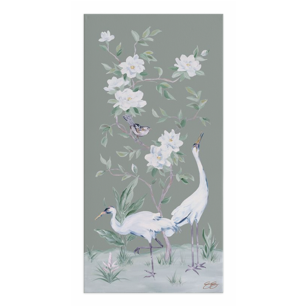 Cranes and Gardenias, a green chinoiserie canvas wrap