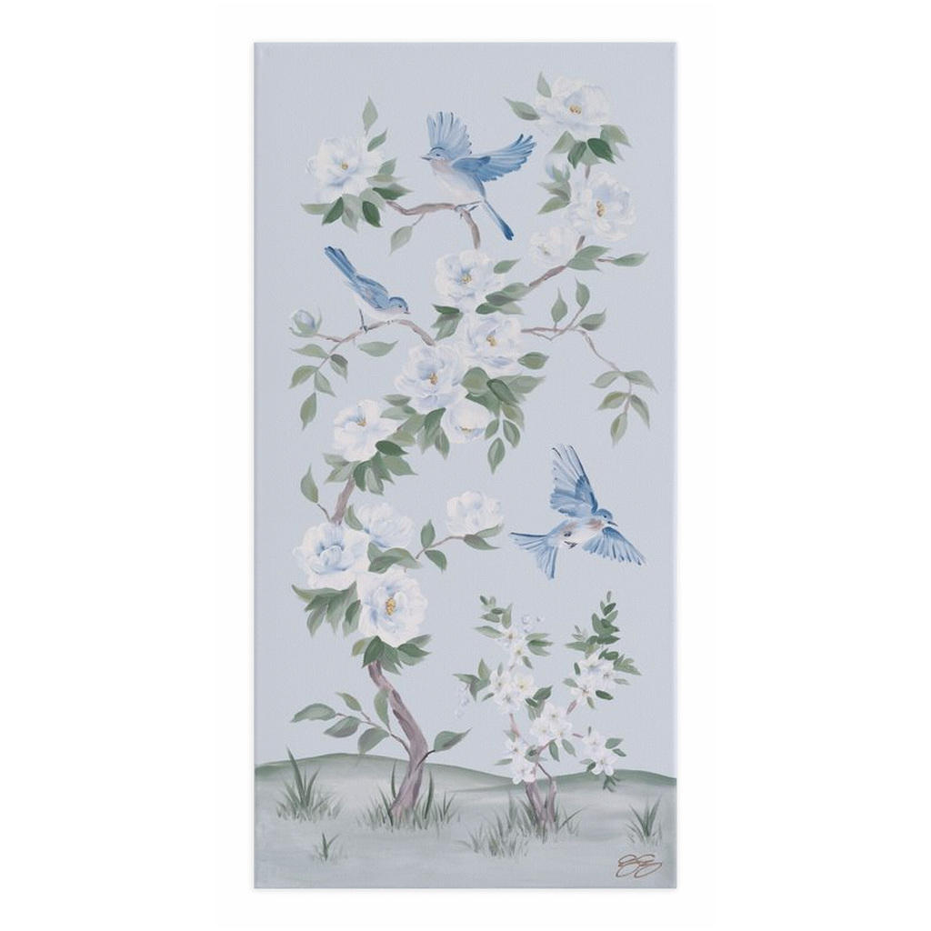 Bluebirds and Peonies, a light blue chinoiserie canvas wrap