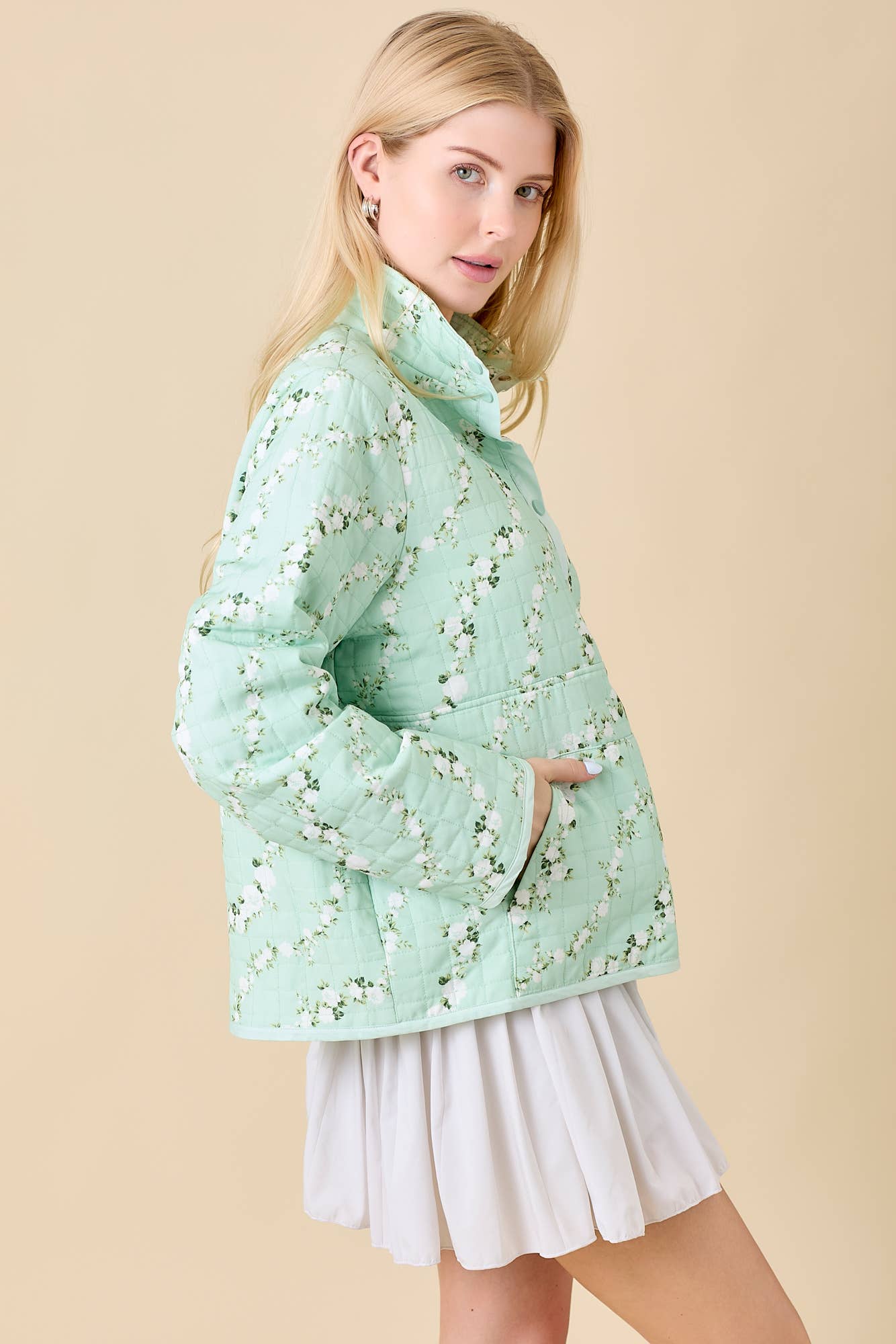 Main Strip - Half Snap Button Quilted Jacket With Floral Print