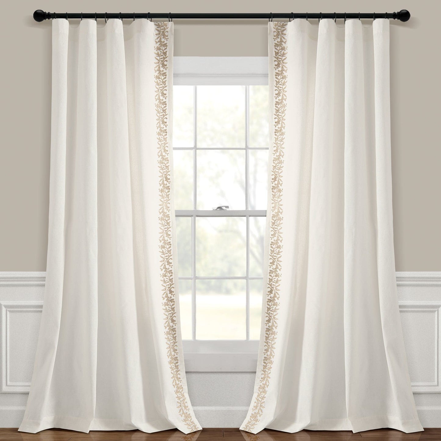 Luxury Modern Flower Linen Like Embroidery Border Window Curtain Panel