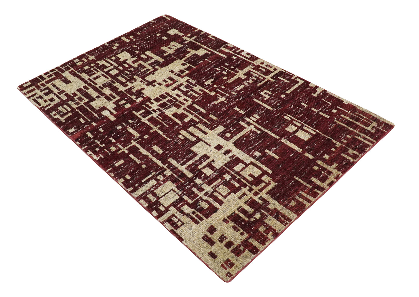 4x6 Hand Knotted Beige and Maroon Modern Abstract Contemporary Recycled Silk Area Rug | OP64