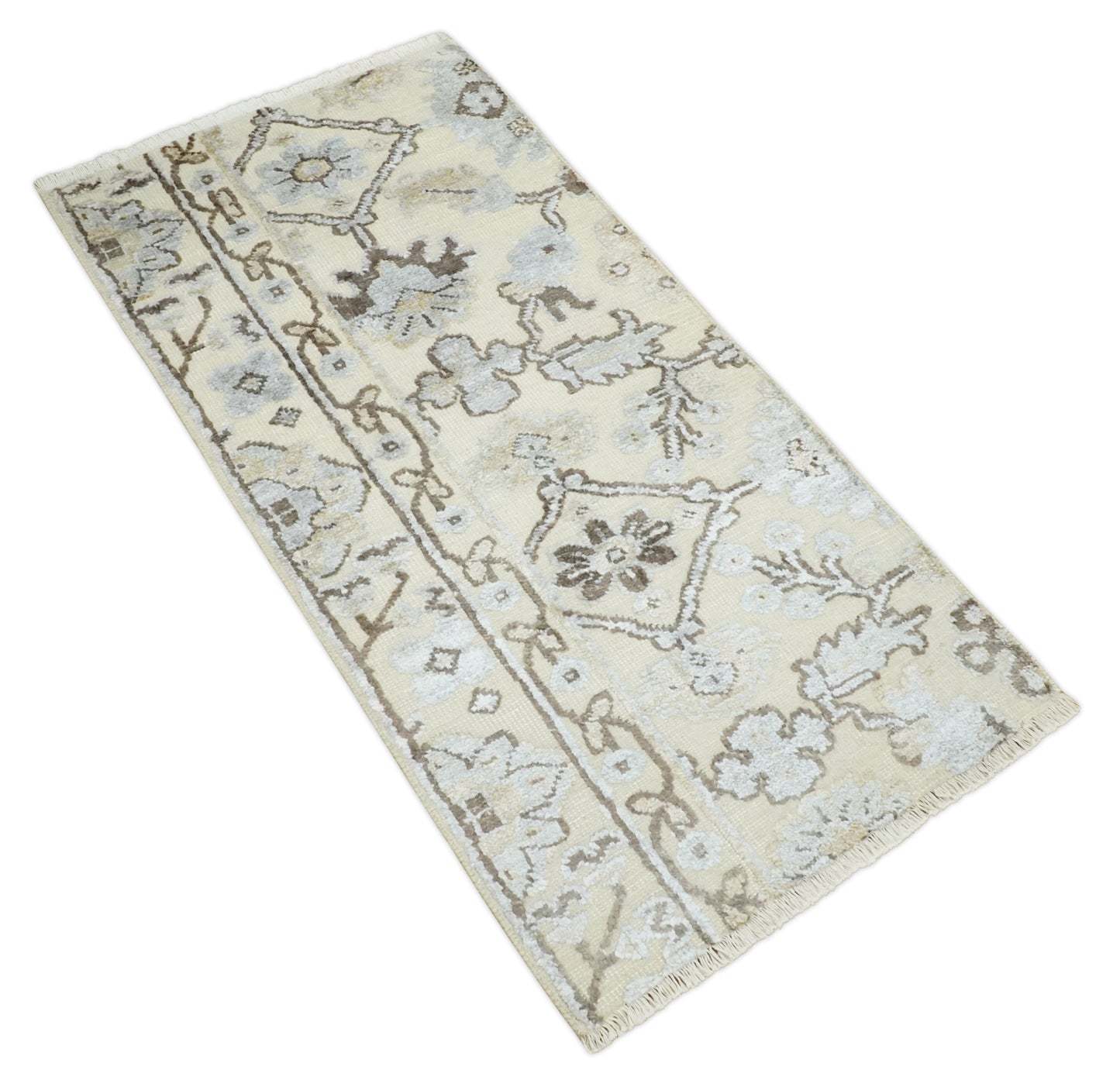 2x4 Hand Knotted Beige, silver and Brown Traditional Persian Oushak Wool Rug | N5524