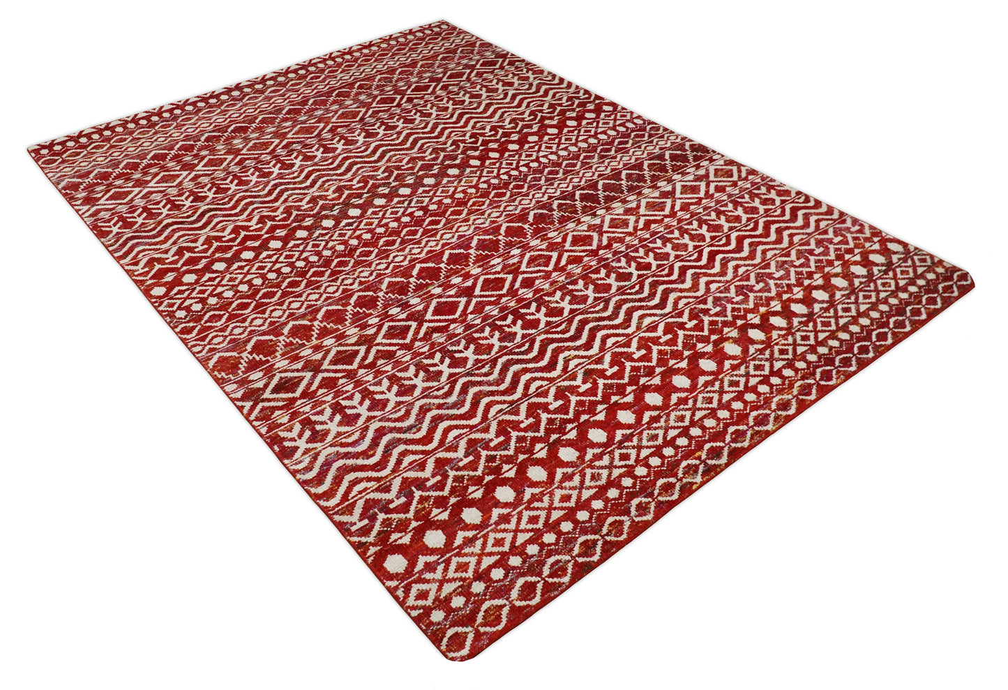 4x6 and 9x12 Hand Knotted Rust and White Modern Contemporary Southwestern Tribal Trellis Recycled Silk Area Rug | OP7