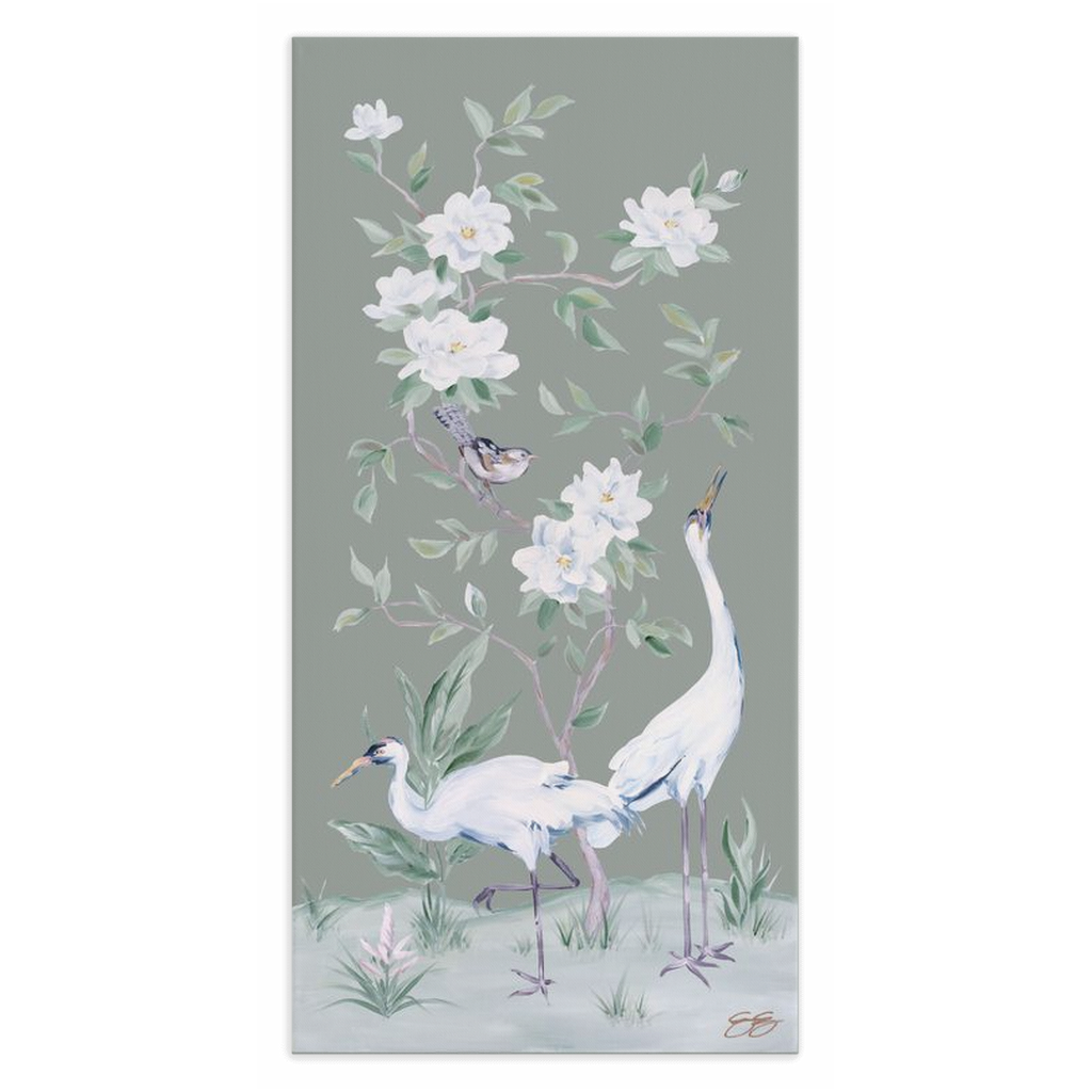 Cranes and Gardenias, a green chinoiserie canvas wrap