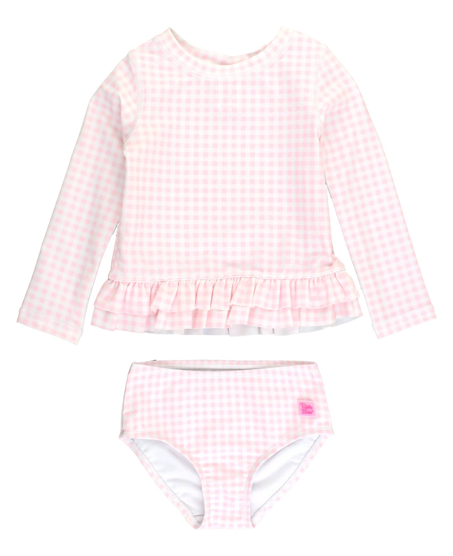 RuffleButts + RuggedButts - Girls Pink Gingham Ruffle Hem Rash Guard 2-Piece