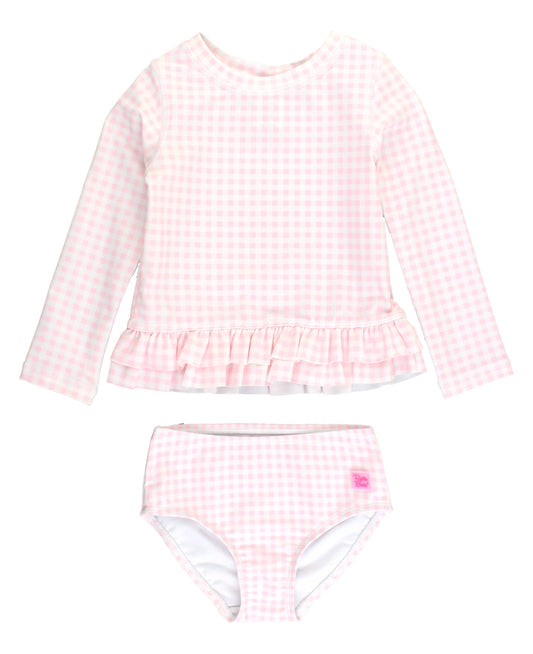 RuffleButts + RuggedButts - Girls Pink Gingham Ruffle Hem Rash Guard 2-Piece