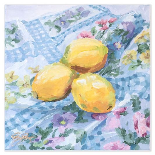 Lemons on floral fabric, a fine art print on paper