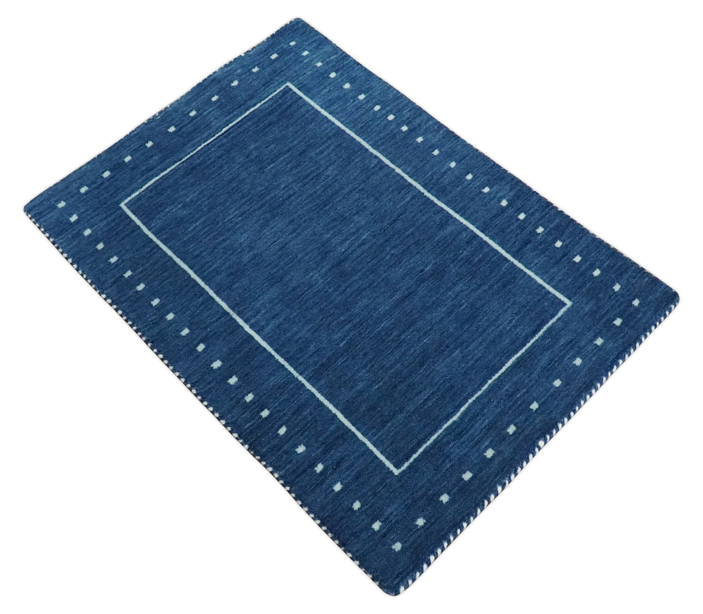 Modern Solid Plane Blue Hand Loomed Southwestern Gabbeh Custom Made wool Area Rug