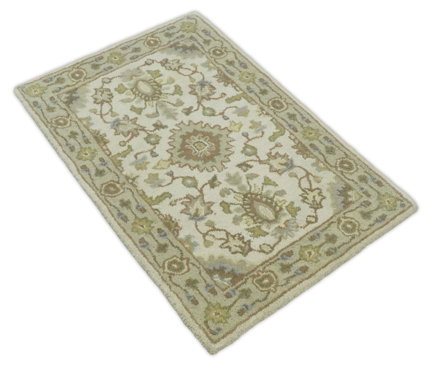 2x3 Brown and Beige Handmade Classic Vintage Design Wool Area Rug | TRDCP15723