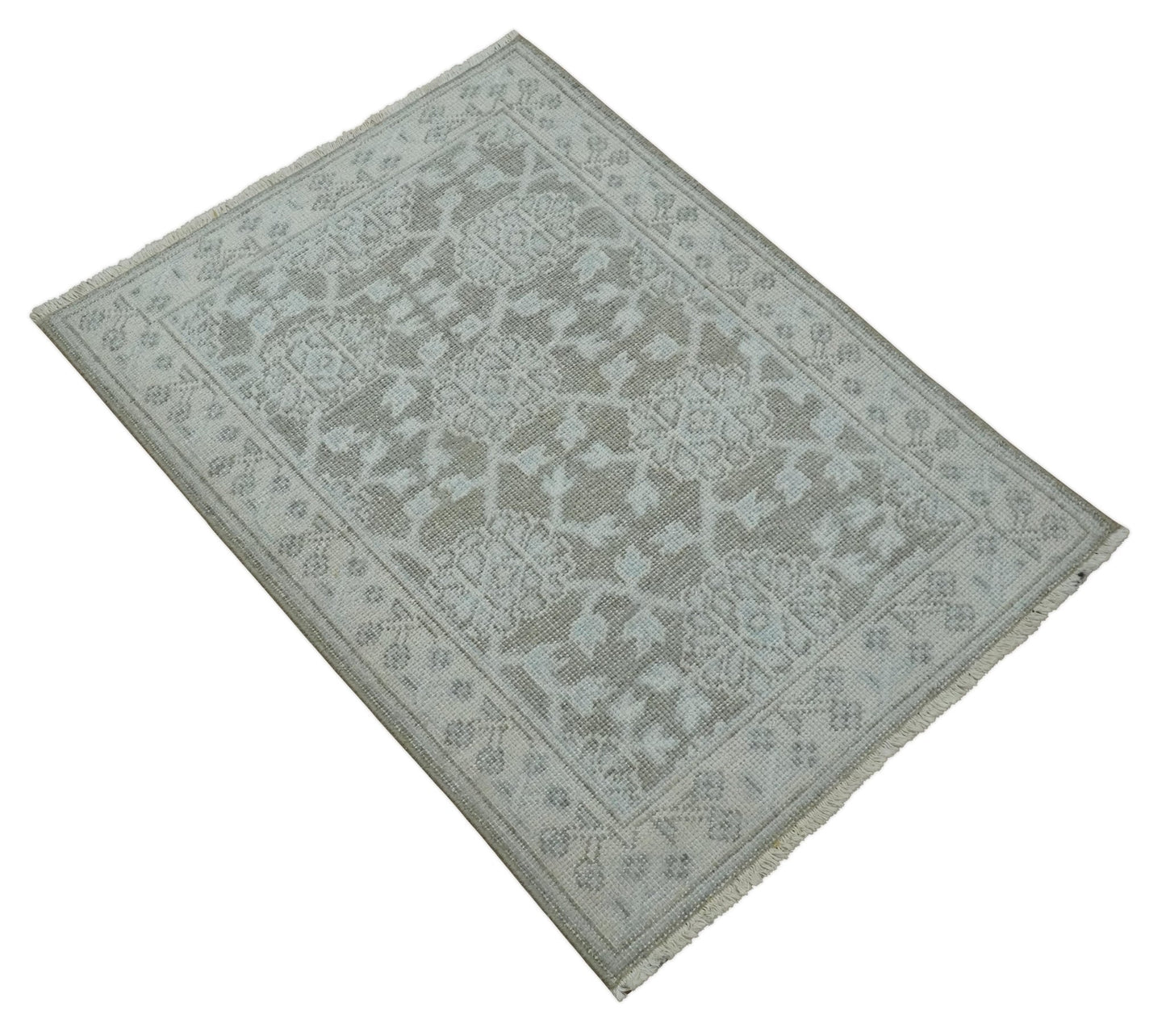 2x3 Hand Knotted Gray, Ivory and Silver Traditional Persian Oushak Wool Rug | N6323