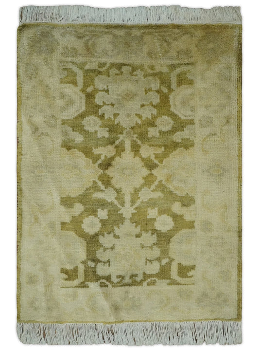 2x3 Hand Knotted Olive, Beige and Gray Traditional Persian Oushak Wool Rug | N3623