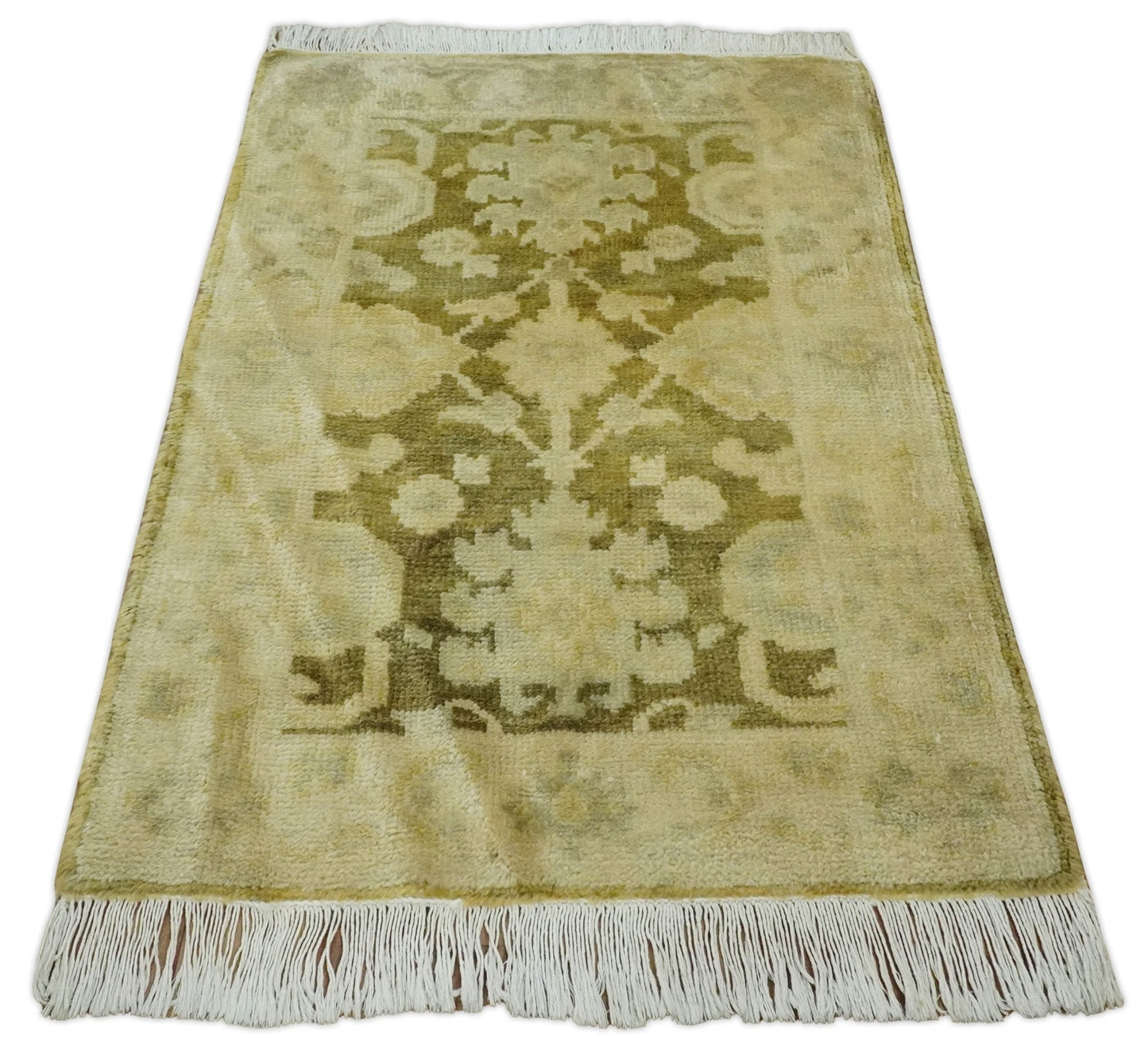 2x3 Hand Knotted Olive, Beige and Gray Traditional Persian Oushak Wool Rug | N3623