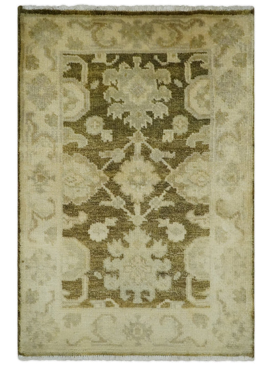 2x3 Hand Knotted Olive, Beige and Gray Traditional Persian Oushak Wool Rug | N4323