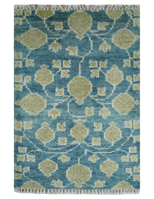 2x3 Hand Knotted Teal and Beige Balloon shape Oushak Wool Area Rug