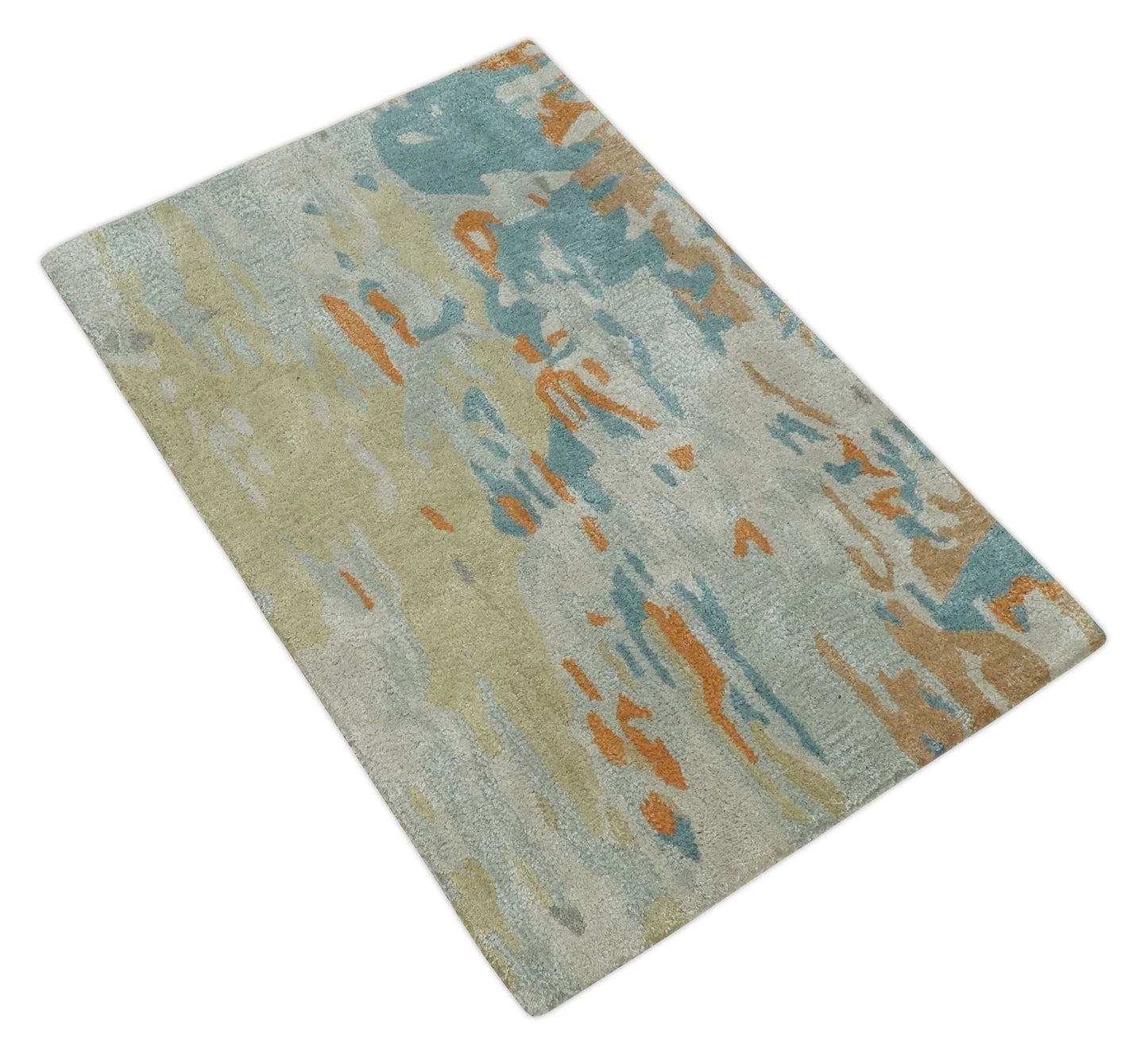 2x3 Handmade Abstract Design Silver, Beige, Teal and Rust made with fine wool Area Rug | TRDCP126423