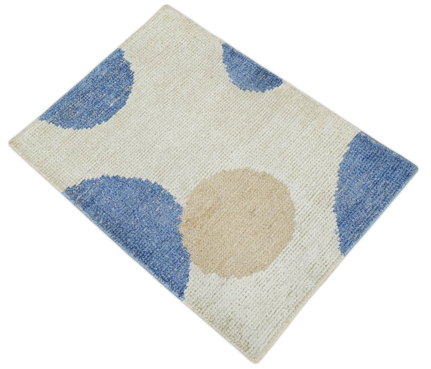 2x3 Ivory, Beige and Blue Wool Hand Knotted Modern Polka Dots Kids Rug | N2523