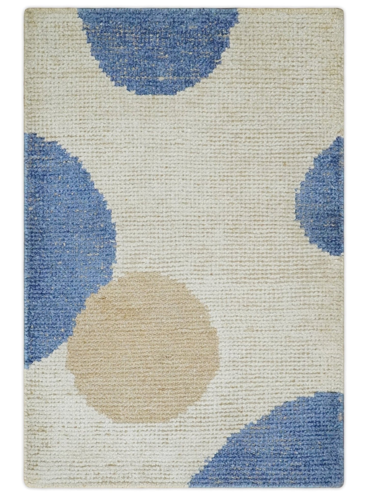 2x3 Ivory, Beige and Blue Wool Hand Knotted Modern Polka Dots Kids Rug | N2523