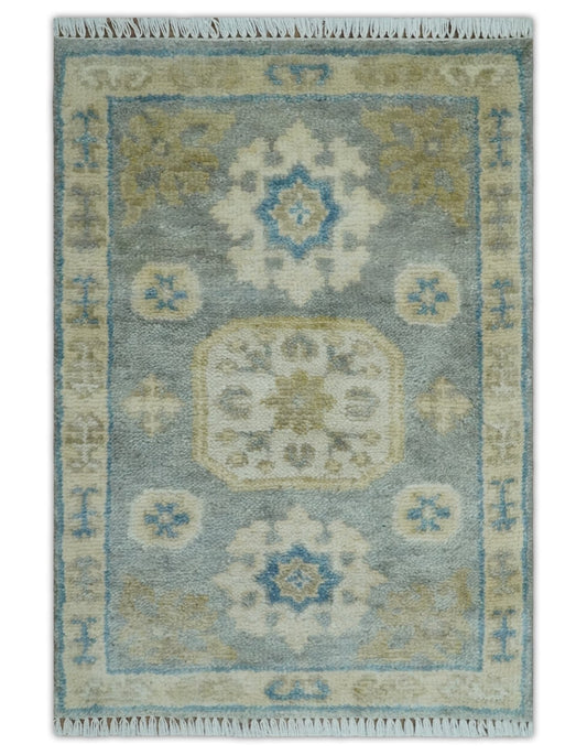 2x3 Ivory, Beige and Silver Hand Knotted Heriz Traditional Design Wool Rug