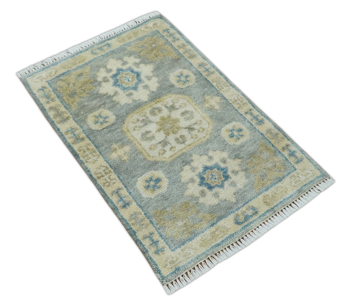 2x3 Ivory, Beige and Silver Hand Knotted Heriz Traditional Design Wool Rug