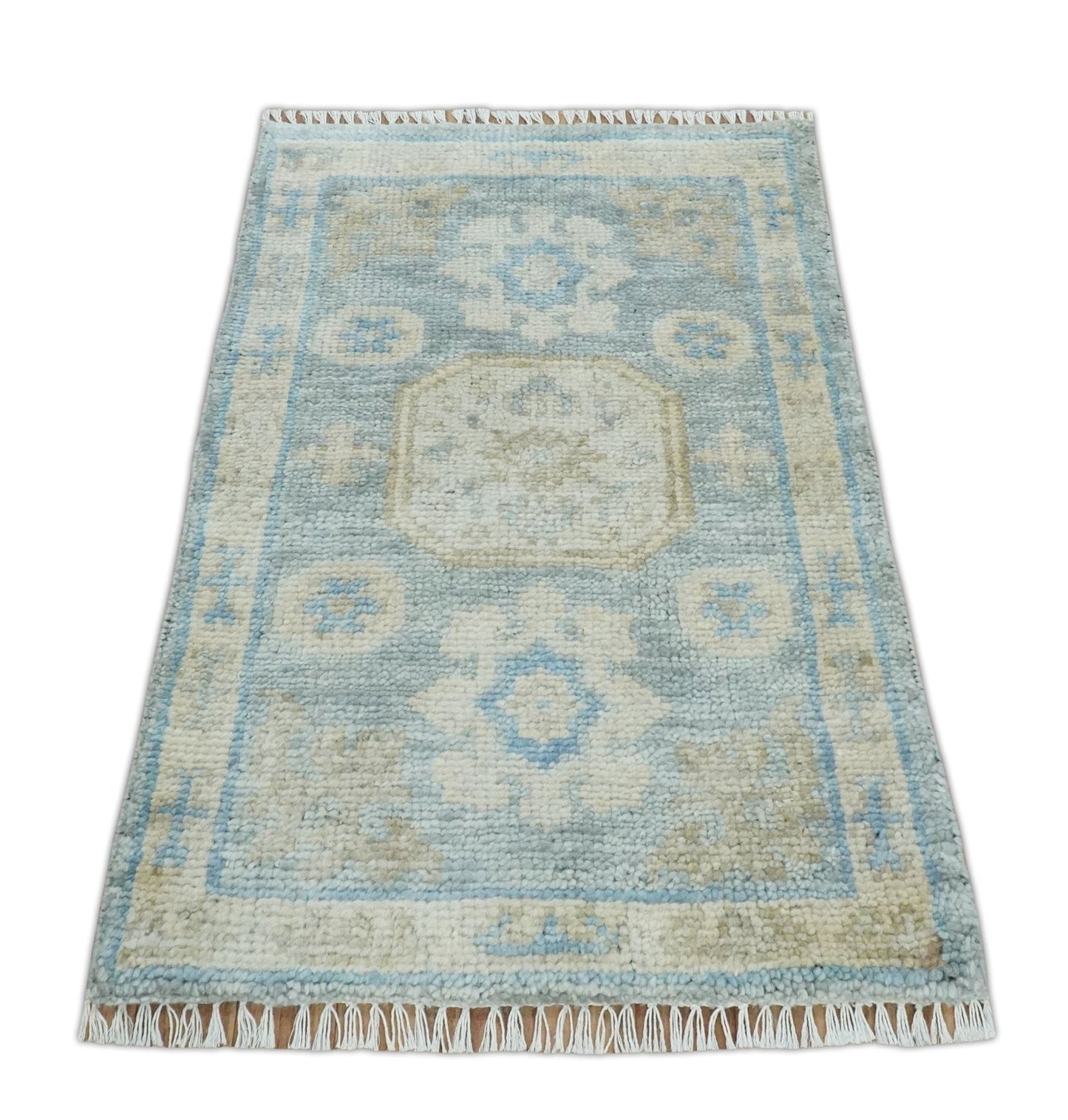 2x3 Ivory, Beige and Silver Hand Knotted Heriz Traditional Design Wool Rug