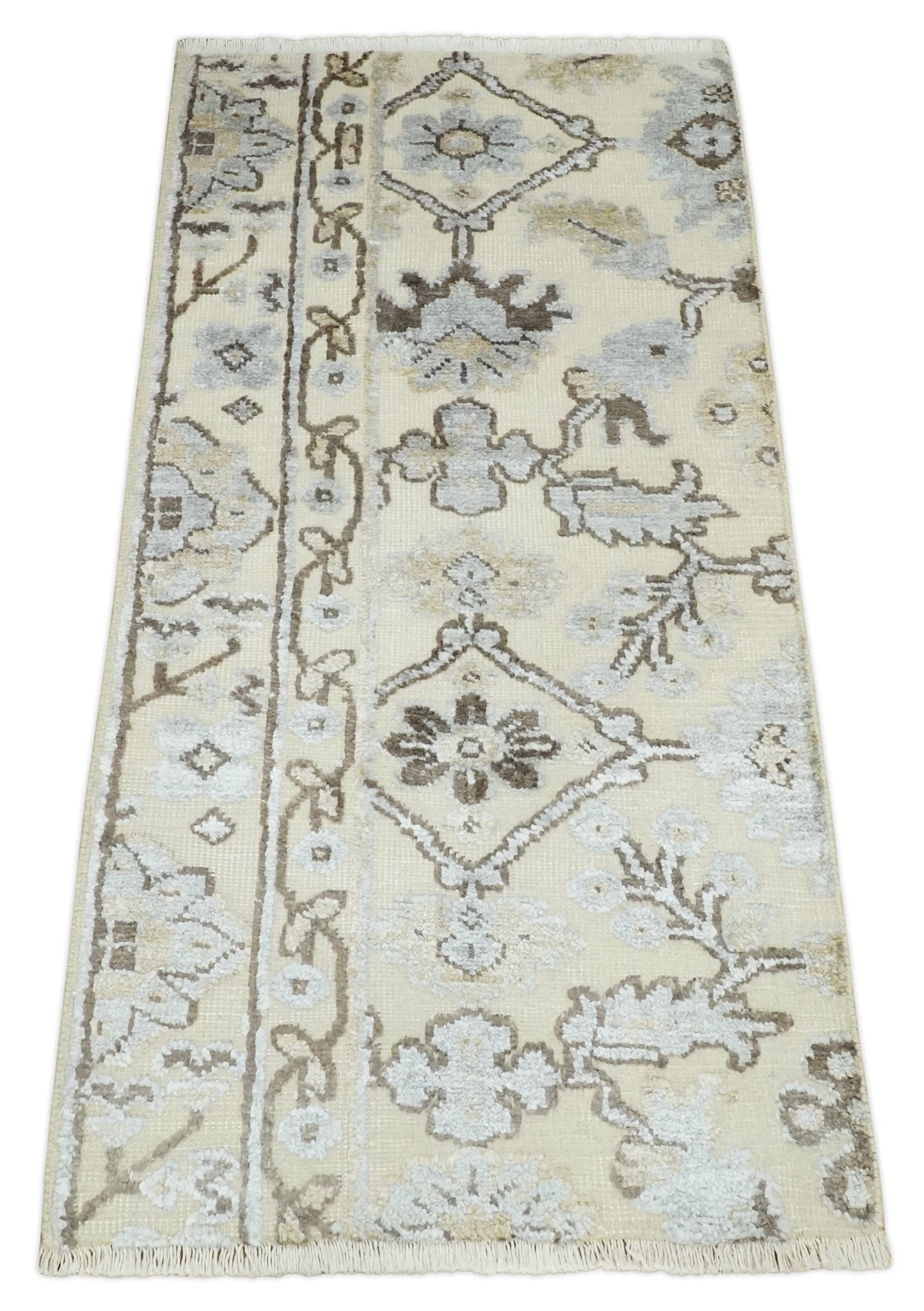 2x4 Hand Knotted Beige, silver and Brown Traditional Persian Oushak Wool Rug | N5524