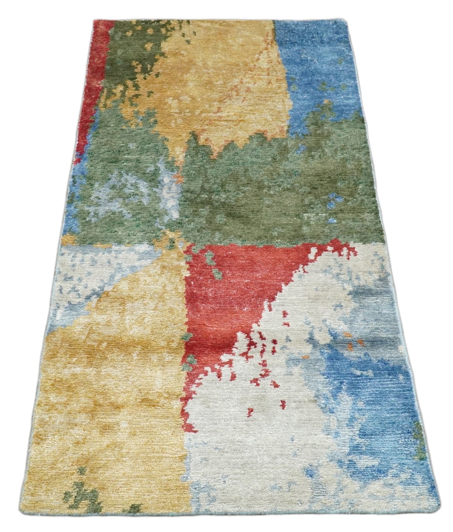 2x4 Modern Multicolor Wool and Silk Hand Knotted Rug| N624