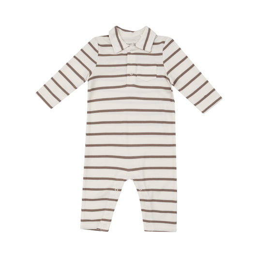 Polo Romper - Brown Rib Stripe