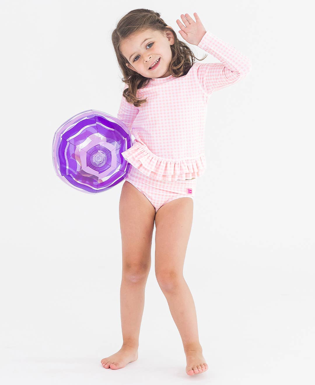 RuffleButts + RuggedButts - Girls Pink Gingham Ruffle Hem Rash Guard 2-Piece
