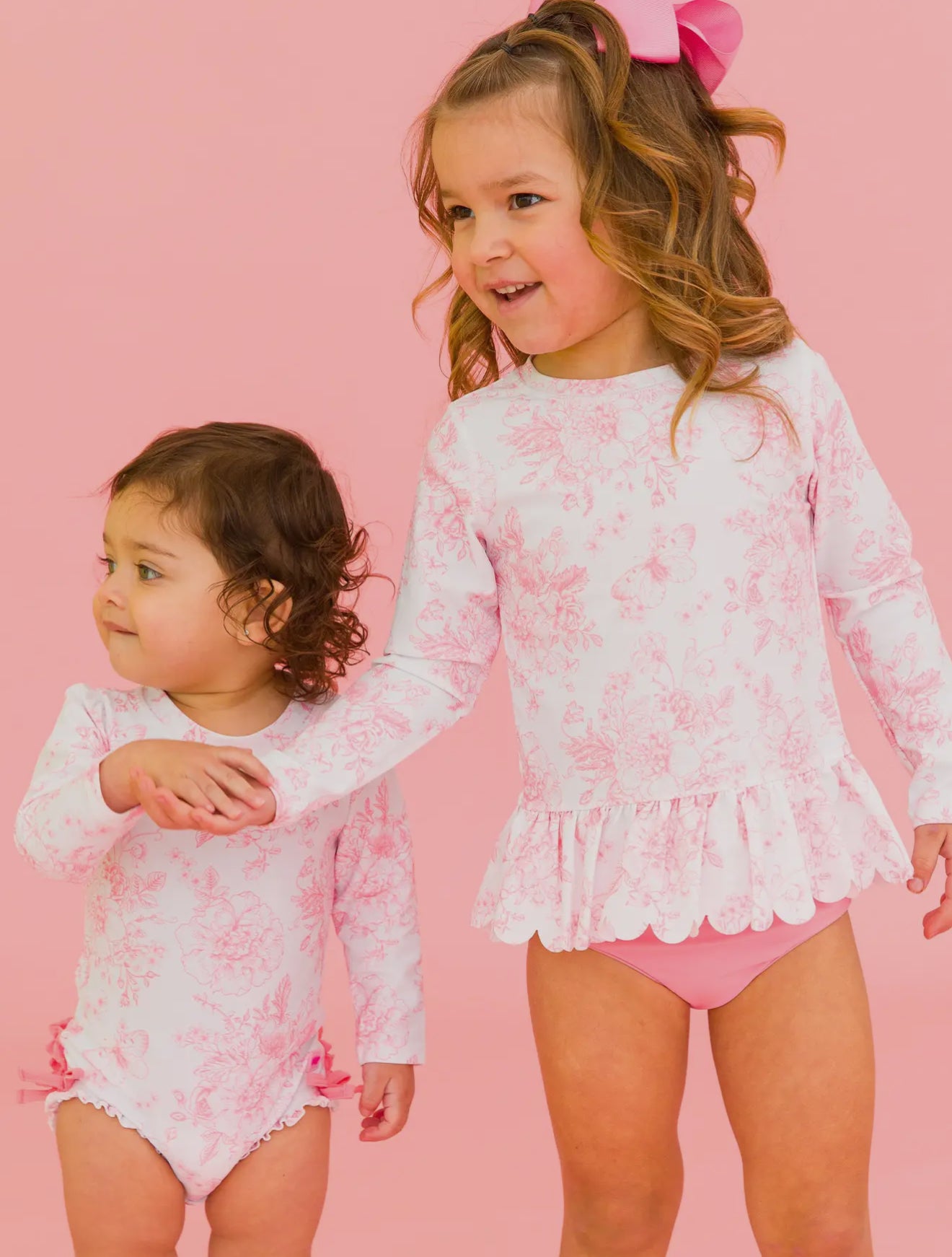 RuffleButts + RuggedButts - Pink Garden Toile Long Sleeve Rash Guard